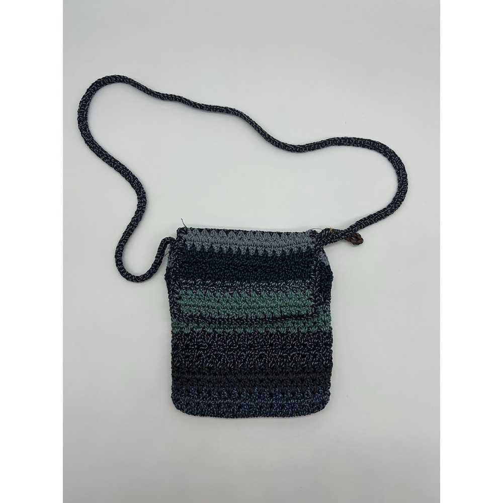 the sak Blue and Green Striped‎ Crochet Shoulder Bag 8.5" Ht  Flap Front
